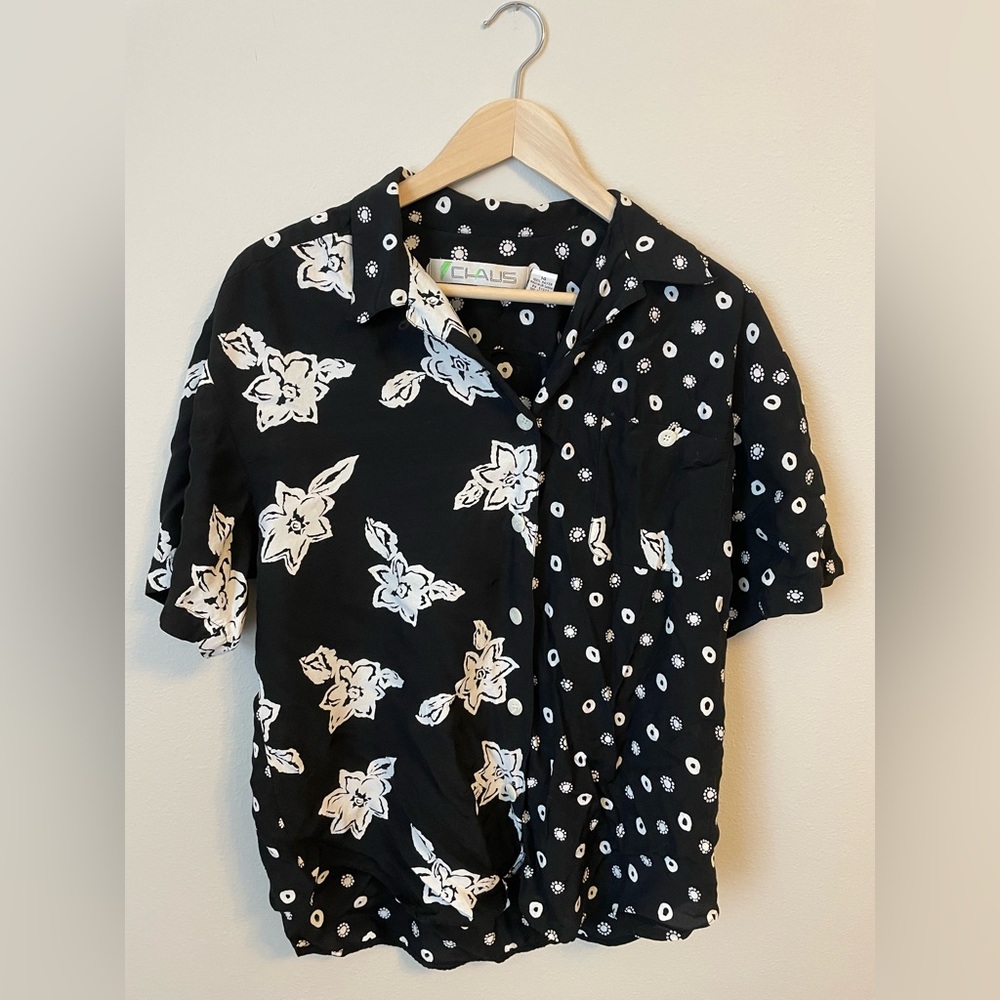 Chaus - Black Short Sleeve Button Up Shirt - Mixed Floral Pattern - Size 14